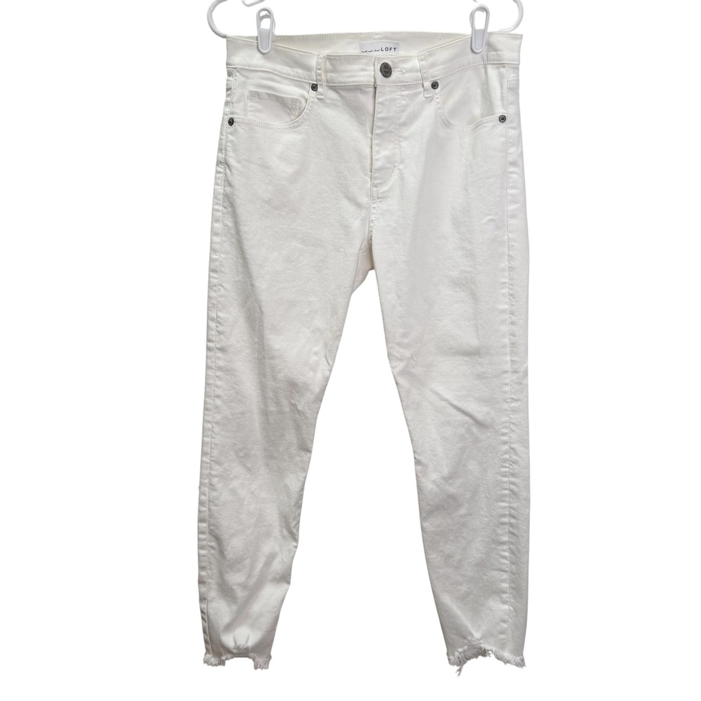 Loft White Skinny Crop Jeans Size 8 29 Raw Hem Mid Rise Stretch Denim Pants